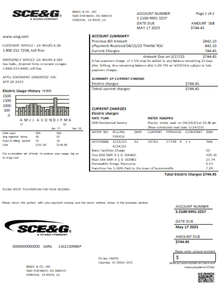 South Carolina SCE&G electricity utility business bill,  SCR PSD template